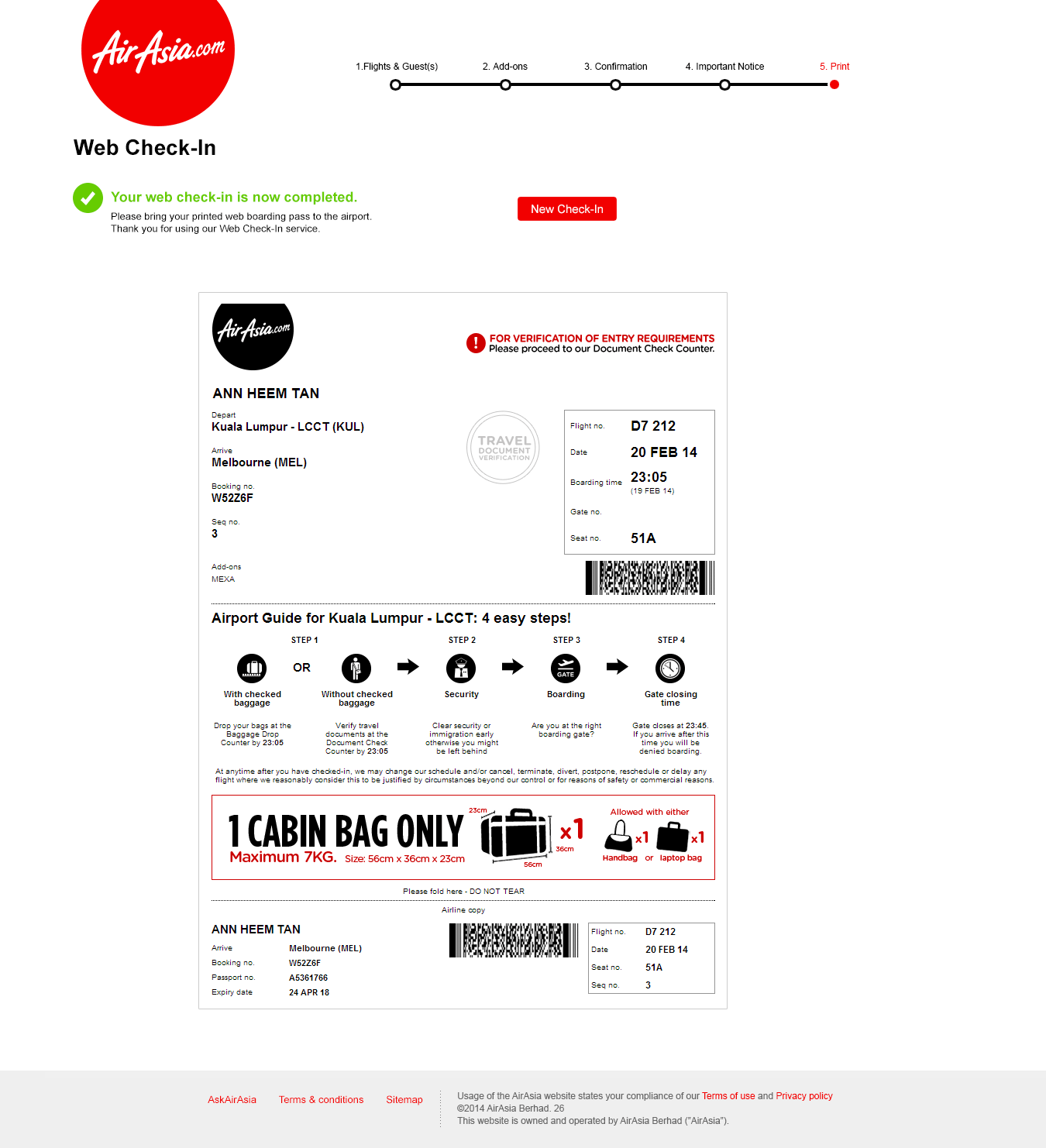 Web Check-in is now completed screen