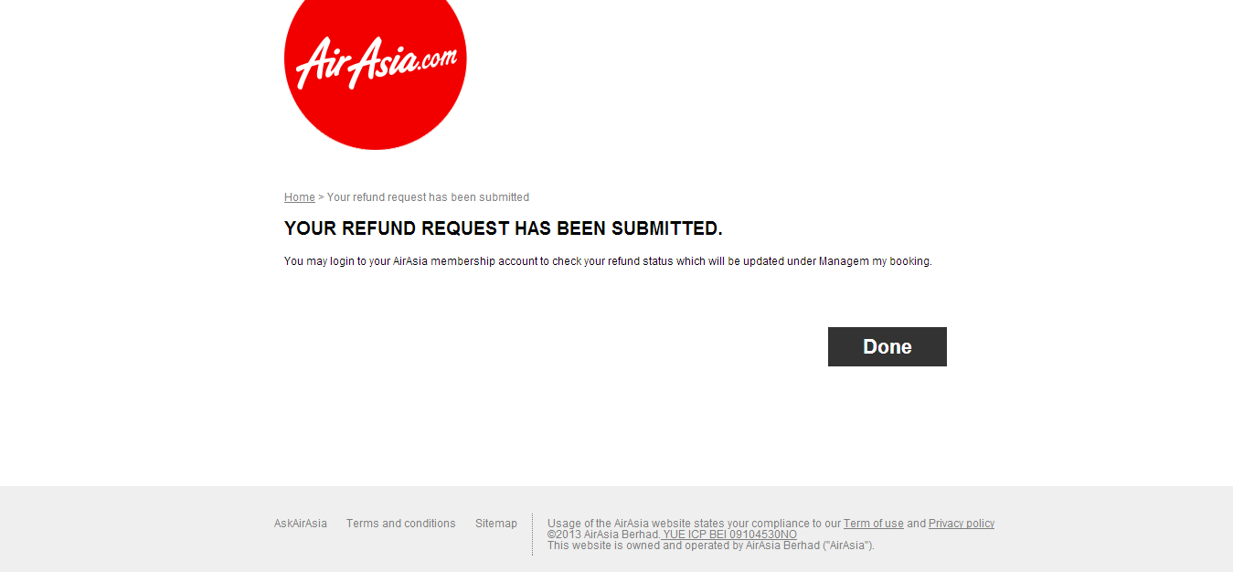 Flight Interruption System refund request has been submitted screen